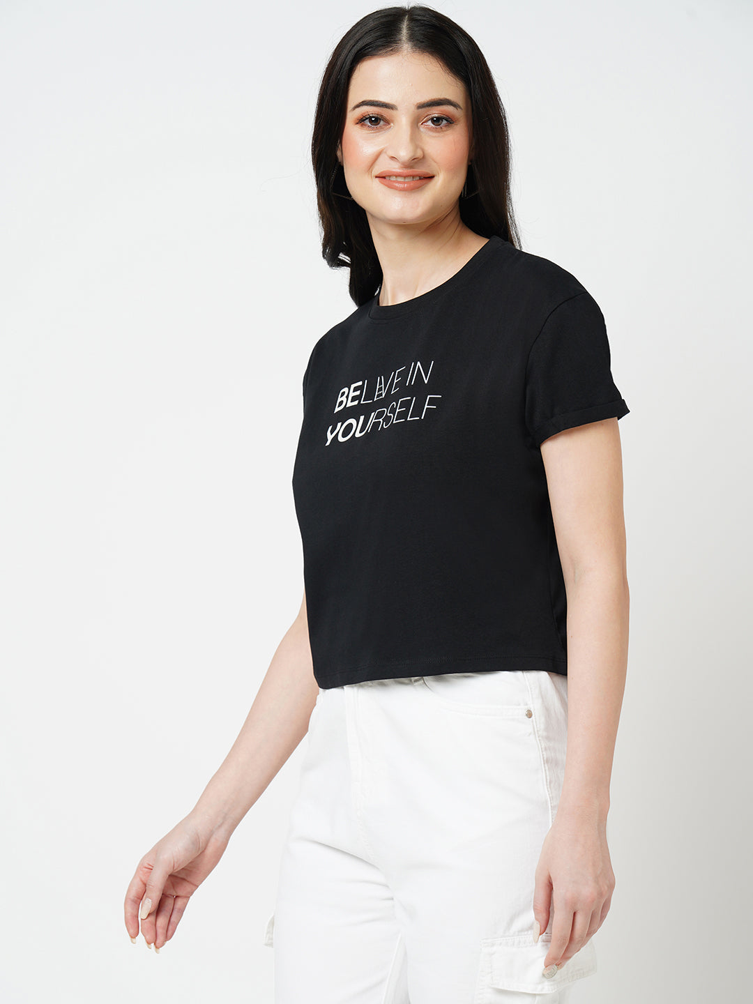 Women Black Solid Short Sleeves T-Shirt