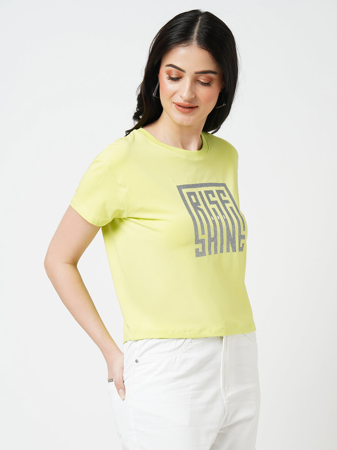 Women Lime Printed Short Sleeves Tshirt
