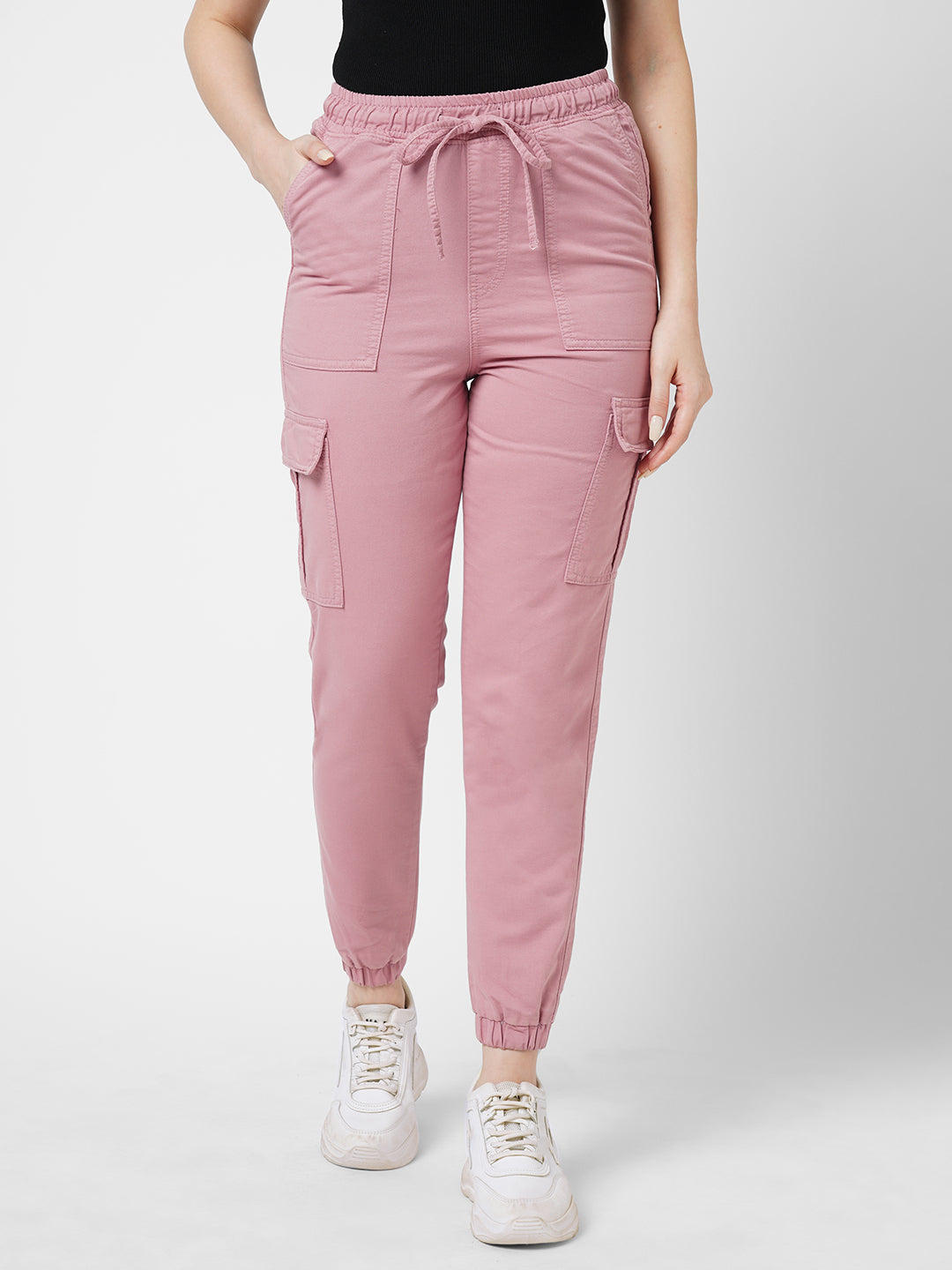 Women Dusty Pink High-Rise Denim Joggers