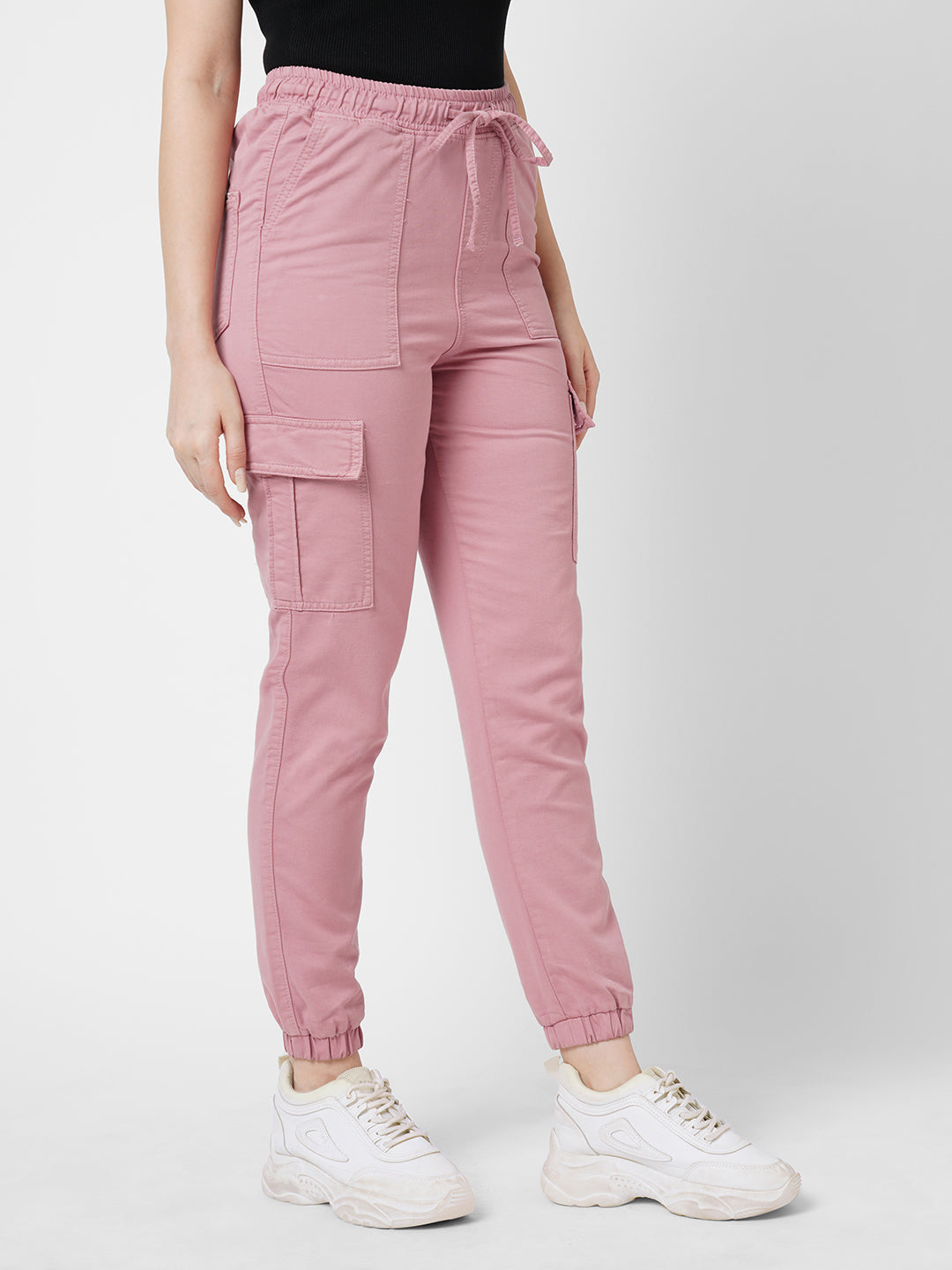 Women Dusty Pink High-Rise Denim Joggers