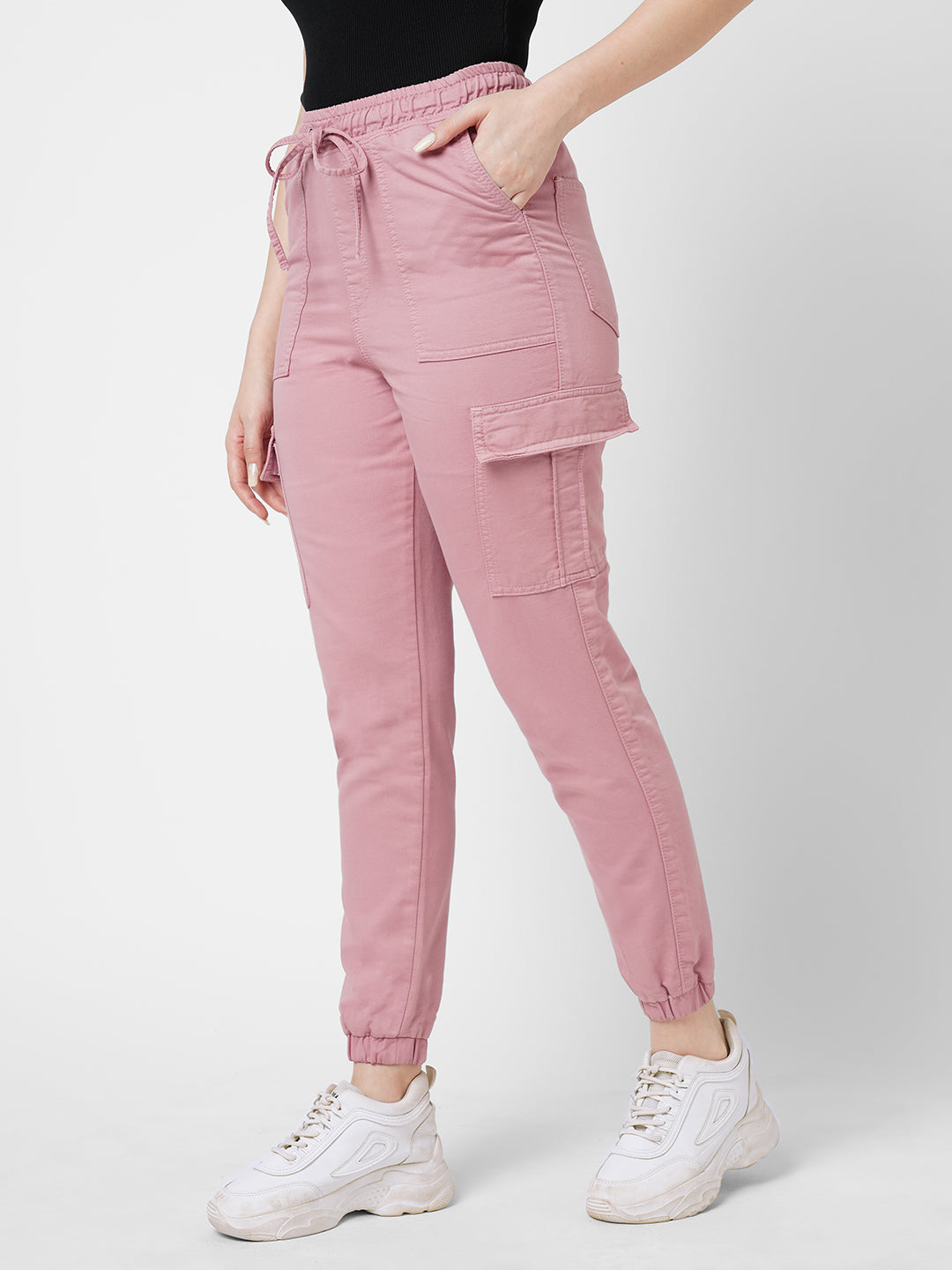 Women Dusty Pink High-Rise Denim Joggers