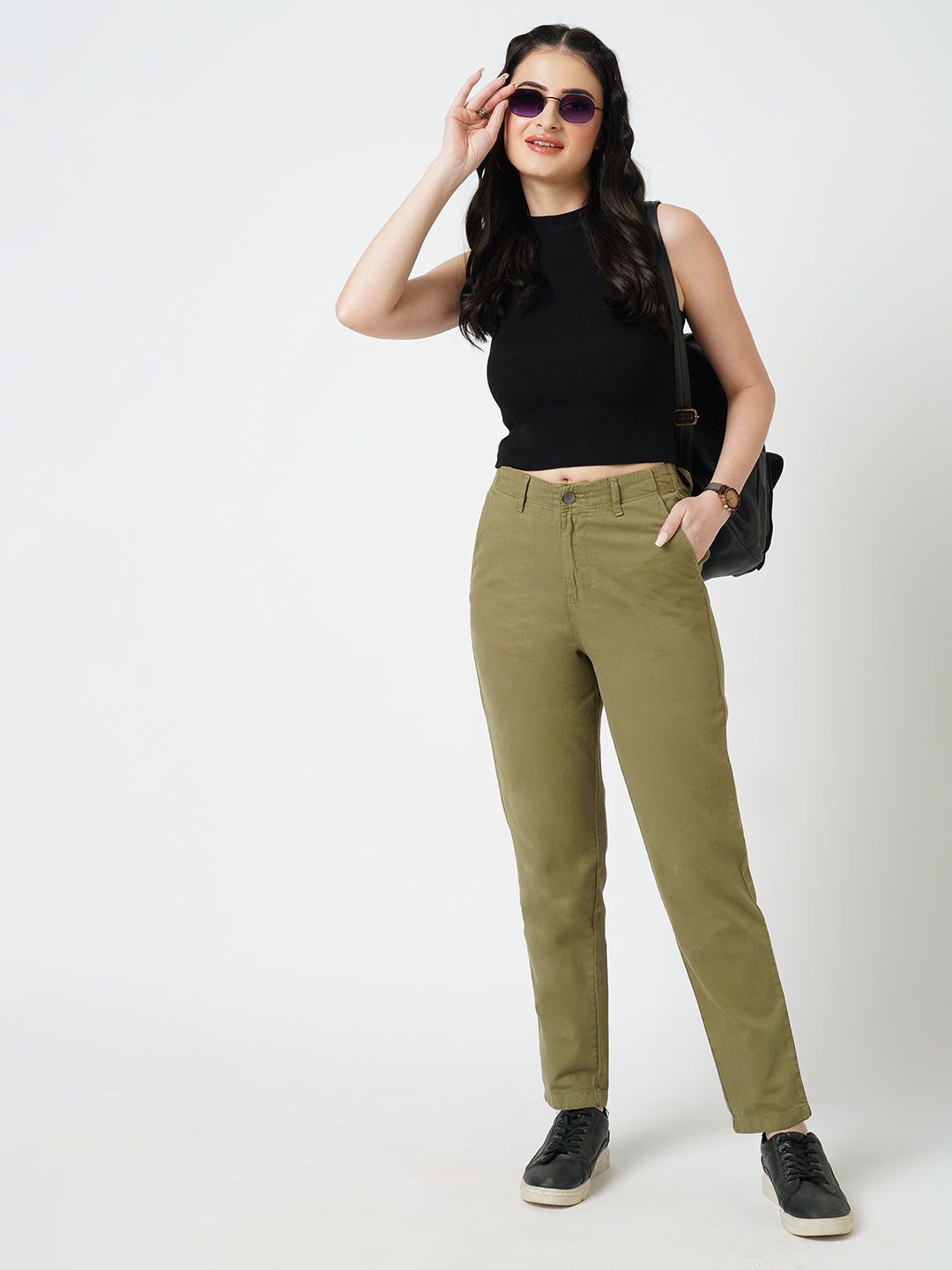 Women Olive High-Rise Trousers
