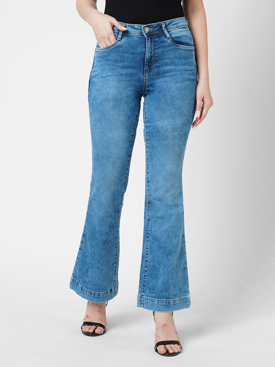 Women Blue High-Rise Mini Flare Jeans