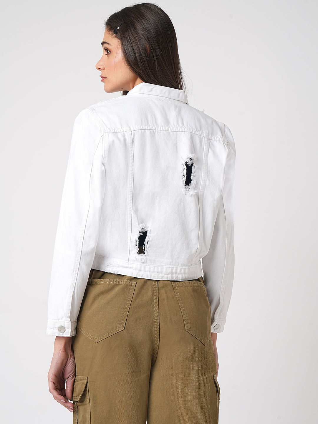 Women White Solid Denim Jacket