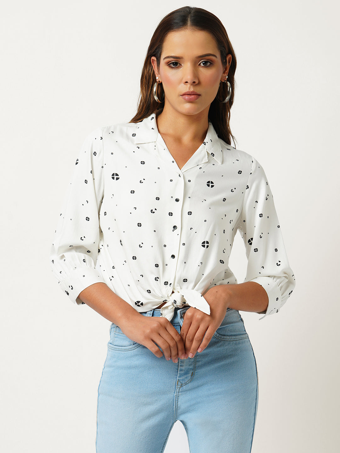 Women Off White Printed Crop Shirt