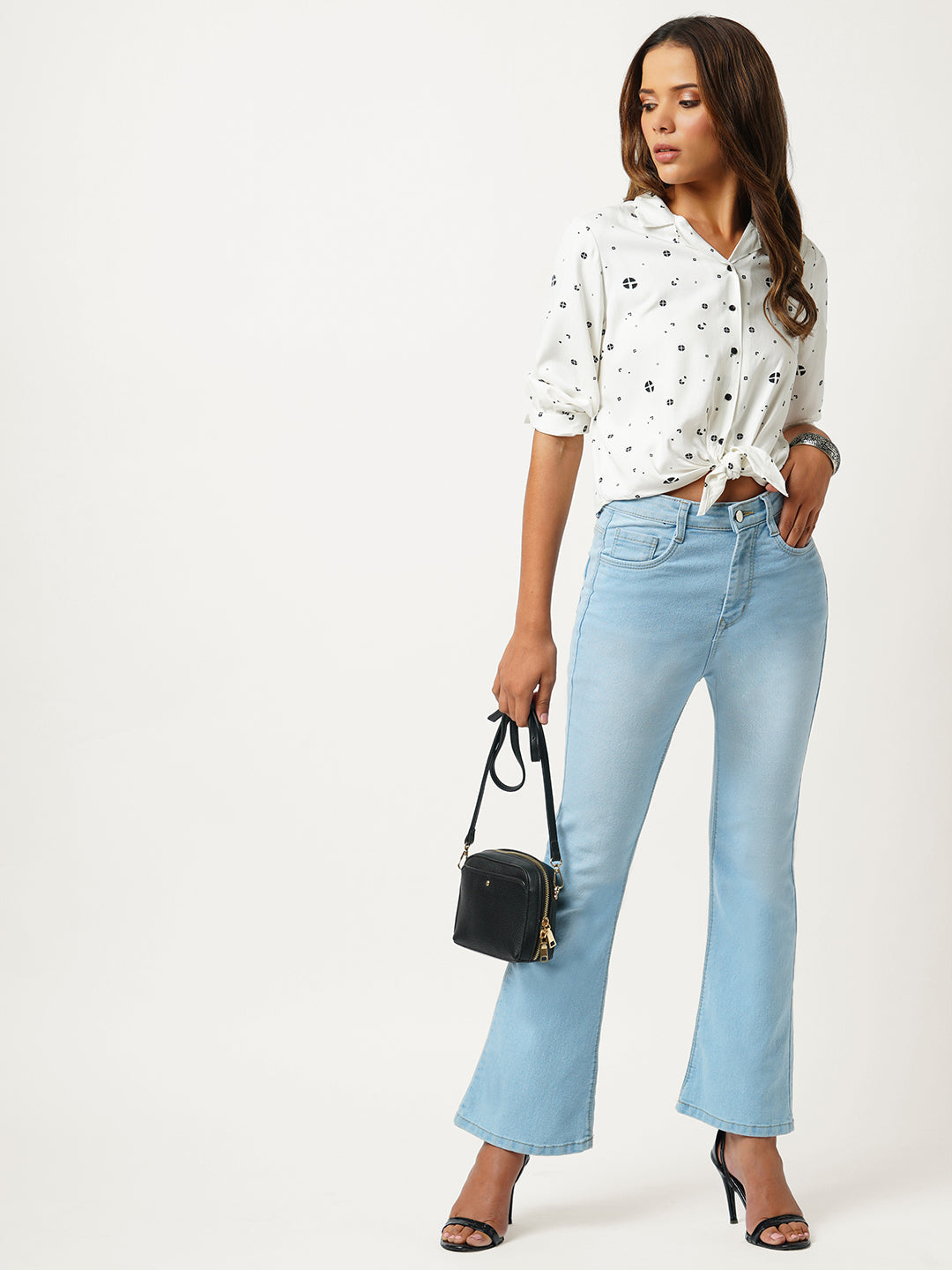 Women Off White Printed Crop Shirt