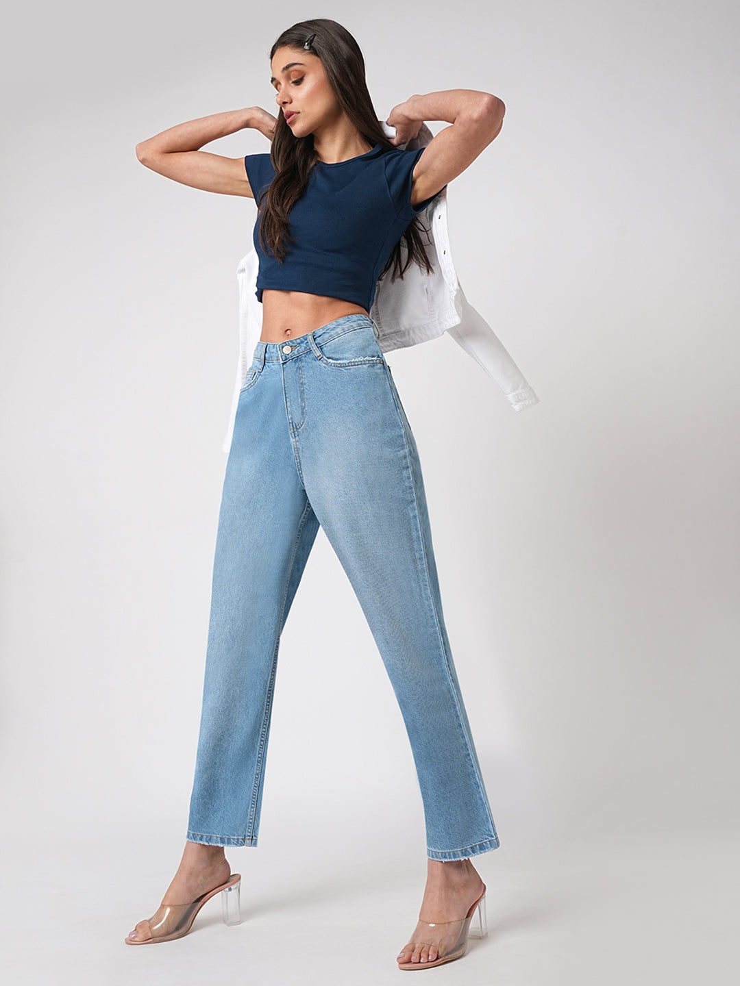 Women Light Blue High-Rise Loose Straight Jeans