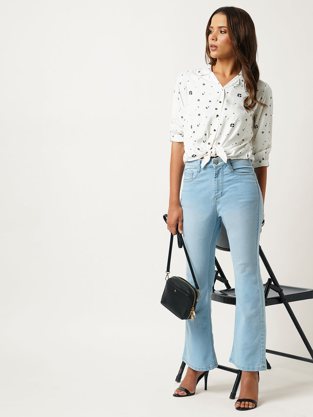 Women Off White Printed Crop Shirt
