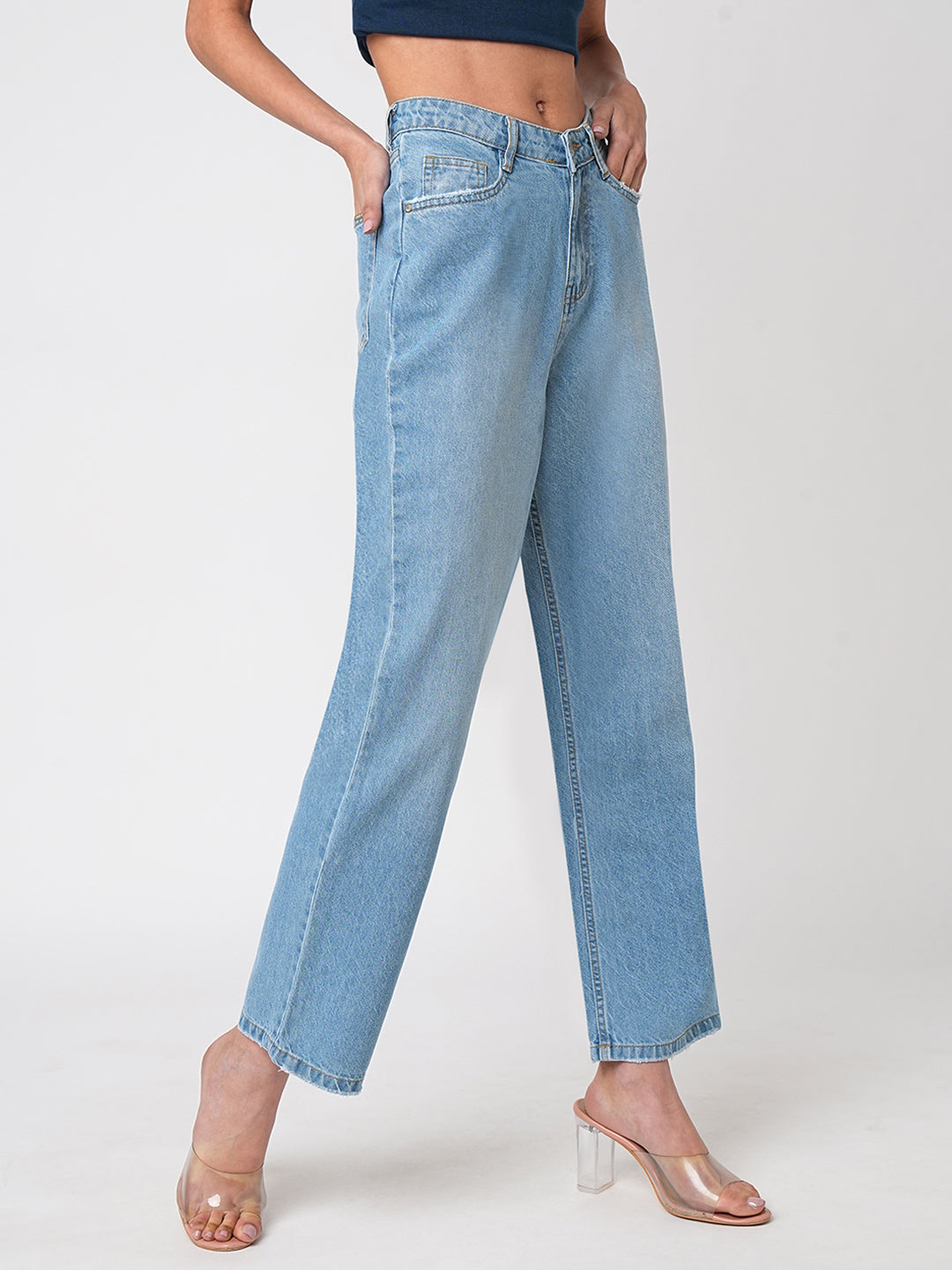 Women Light Blue High-Rise Loose Straight Jeans
