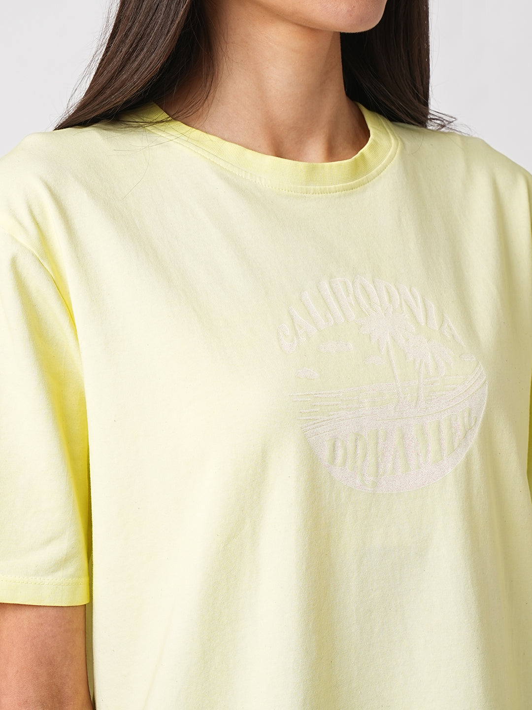 Women Yellow Cold Dye Boxy Graphic Tees