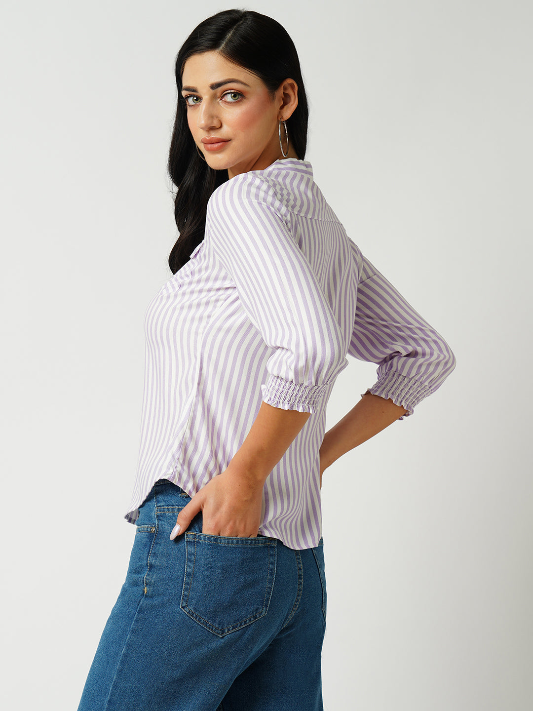 Women Lilac & White Striped Slim Shirt