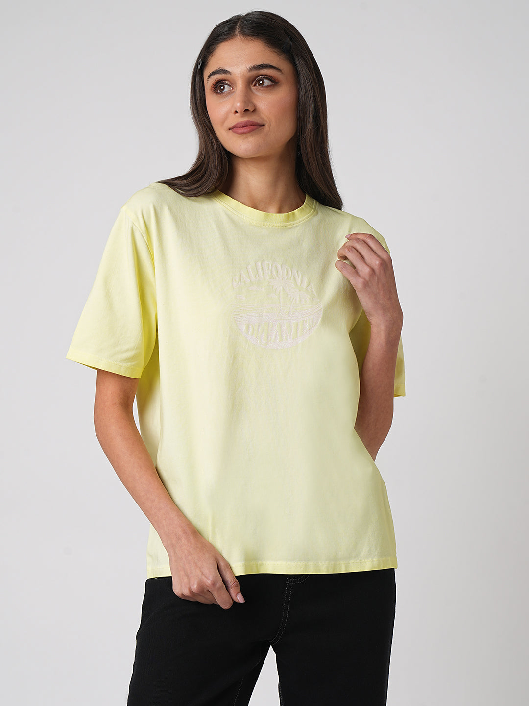 Women Yellow Cold Dye Boxy Graphic Tees