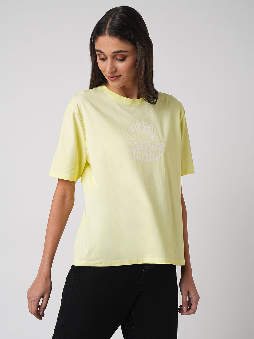 Women Yellow Cold Dye Boxy Graphic Tees