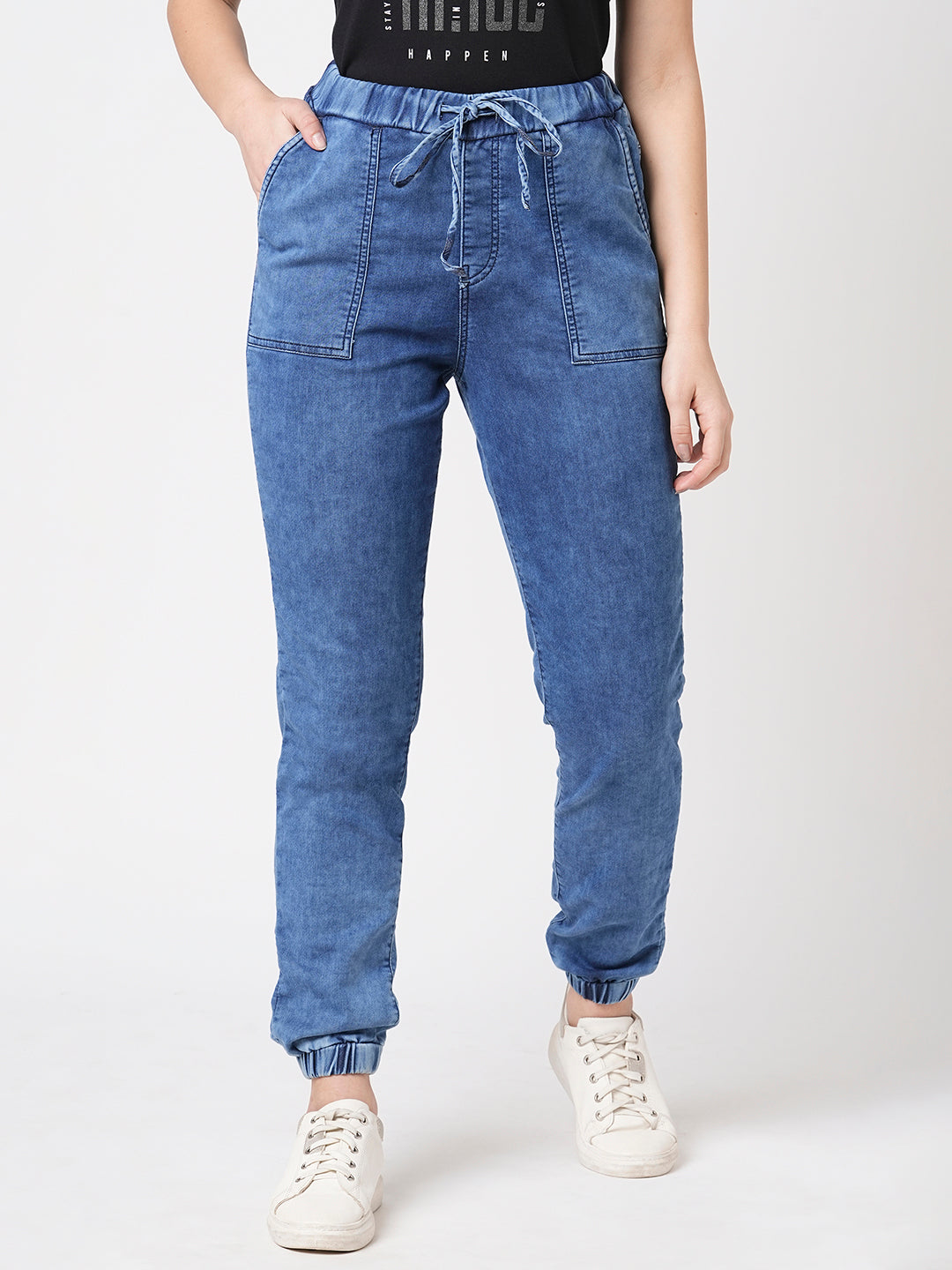 Women Dark Blue High-Rise Denim Joggers