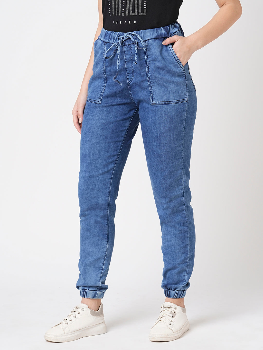 Women Dark Blue High-Rise Denim Joggers