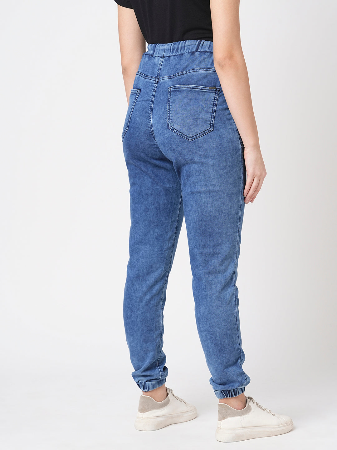 Women Dark Blue High-Rise Denim Joggers