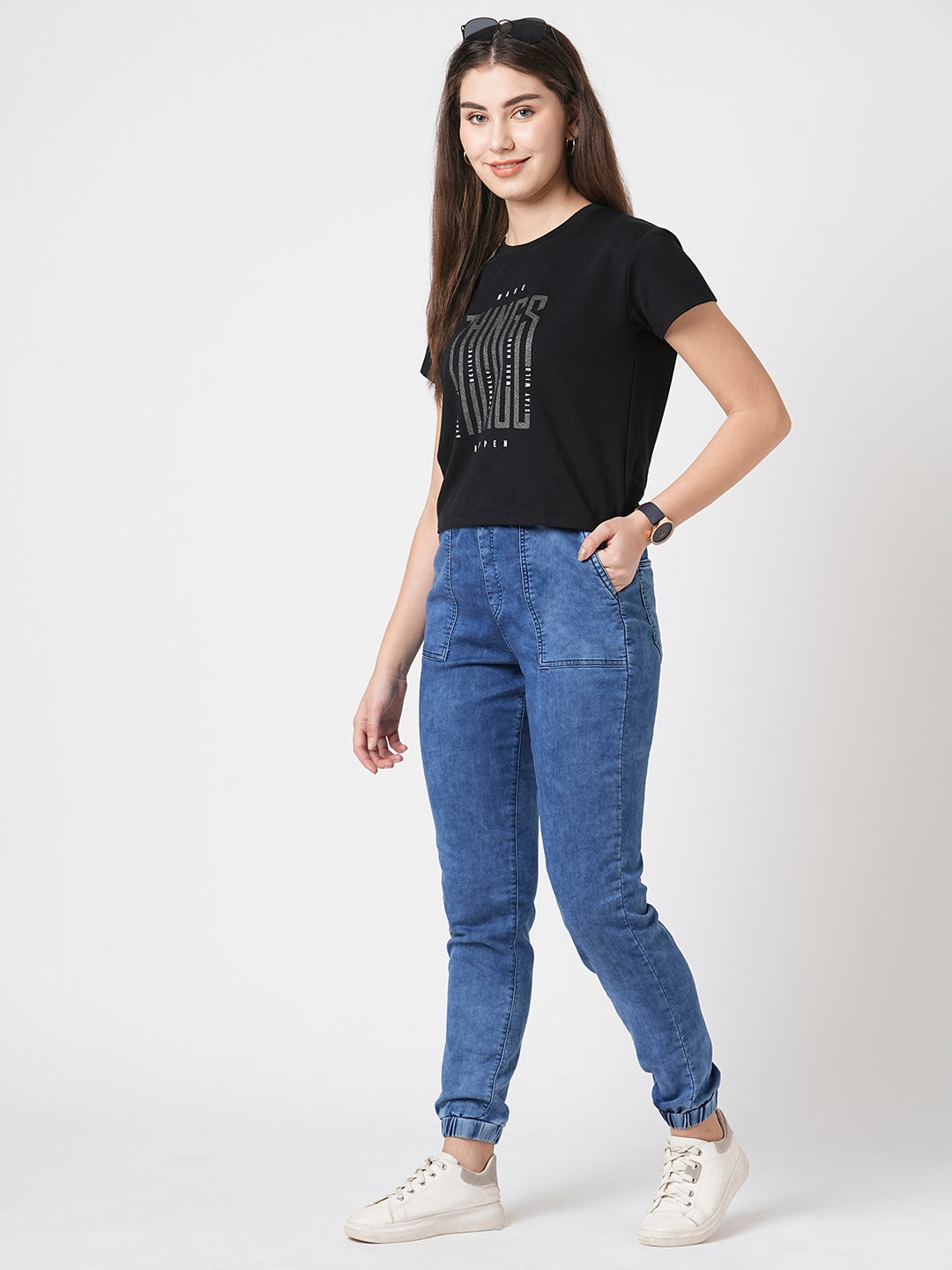 Women Dark Blue High-Rise Denim Joggers