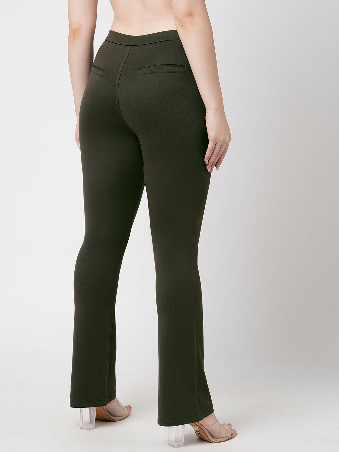 Women Olive High-Rise Mini Flare Treggings
