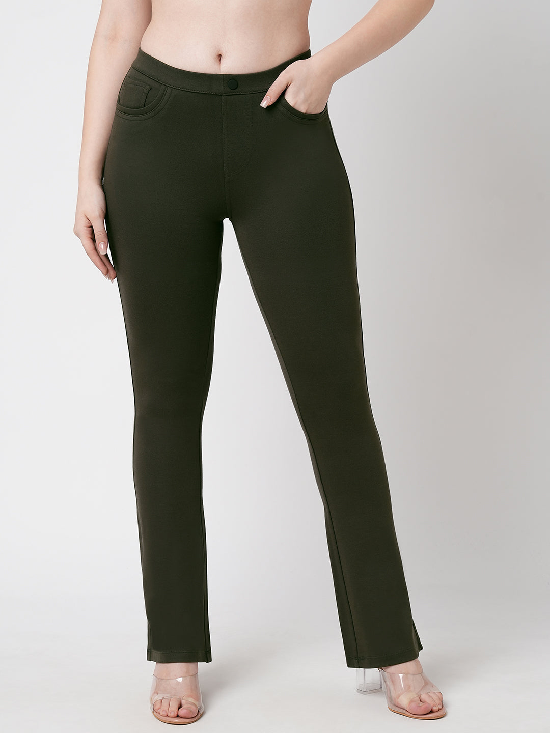 Women Olive High-Rise Mini Flare Treggings