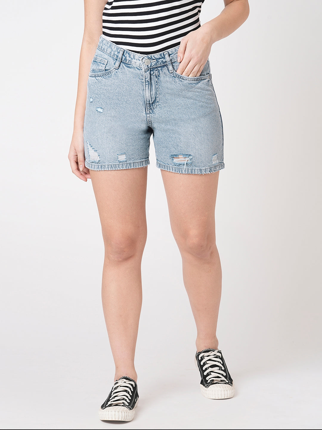 Women Light Blue High-Rise Slim Shorts