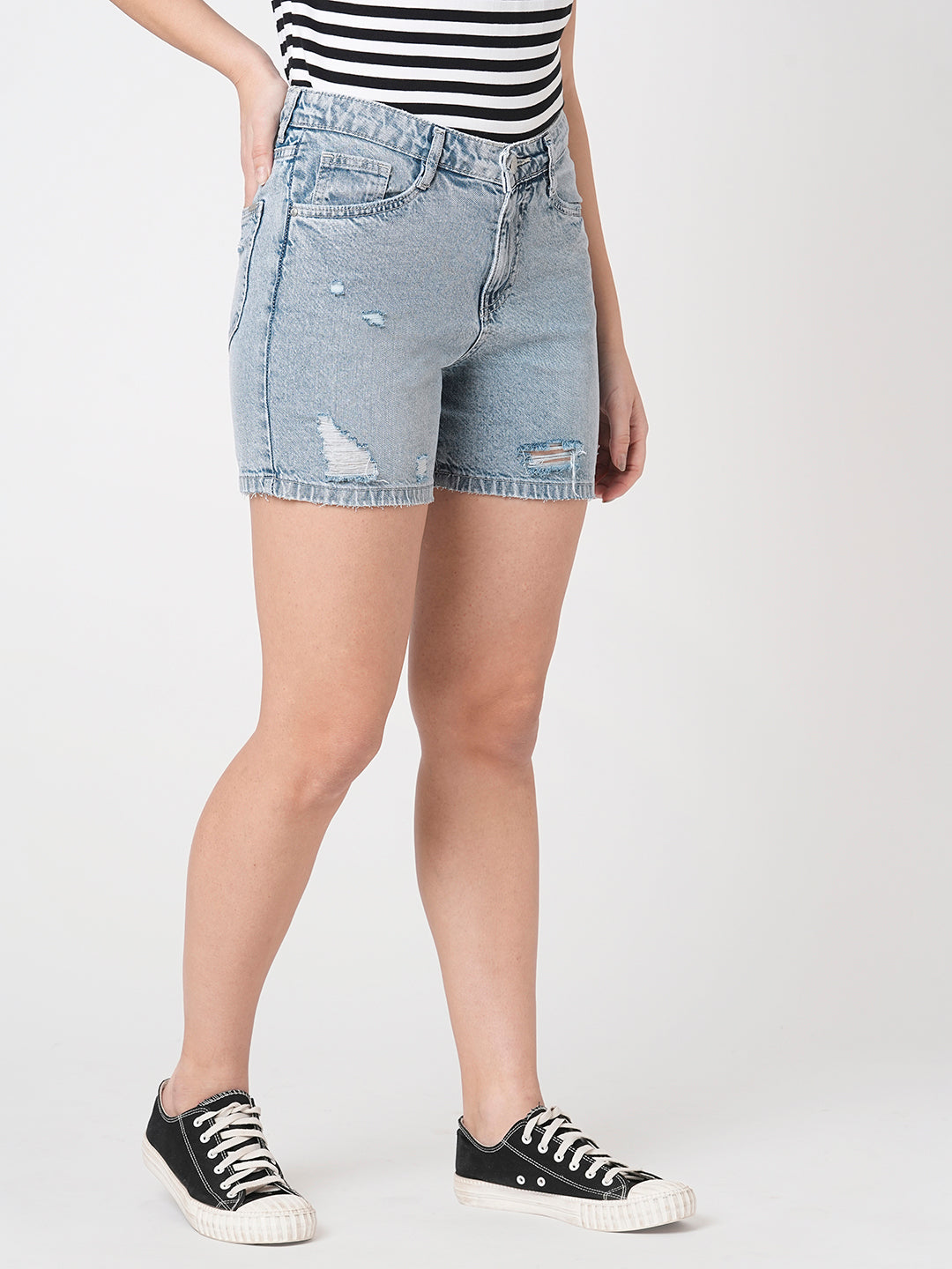 Women Light Blue High-Rise Slim Shorts