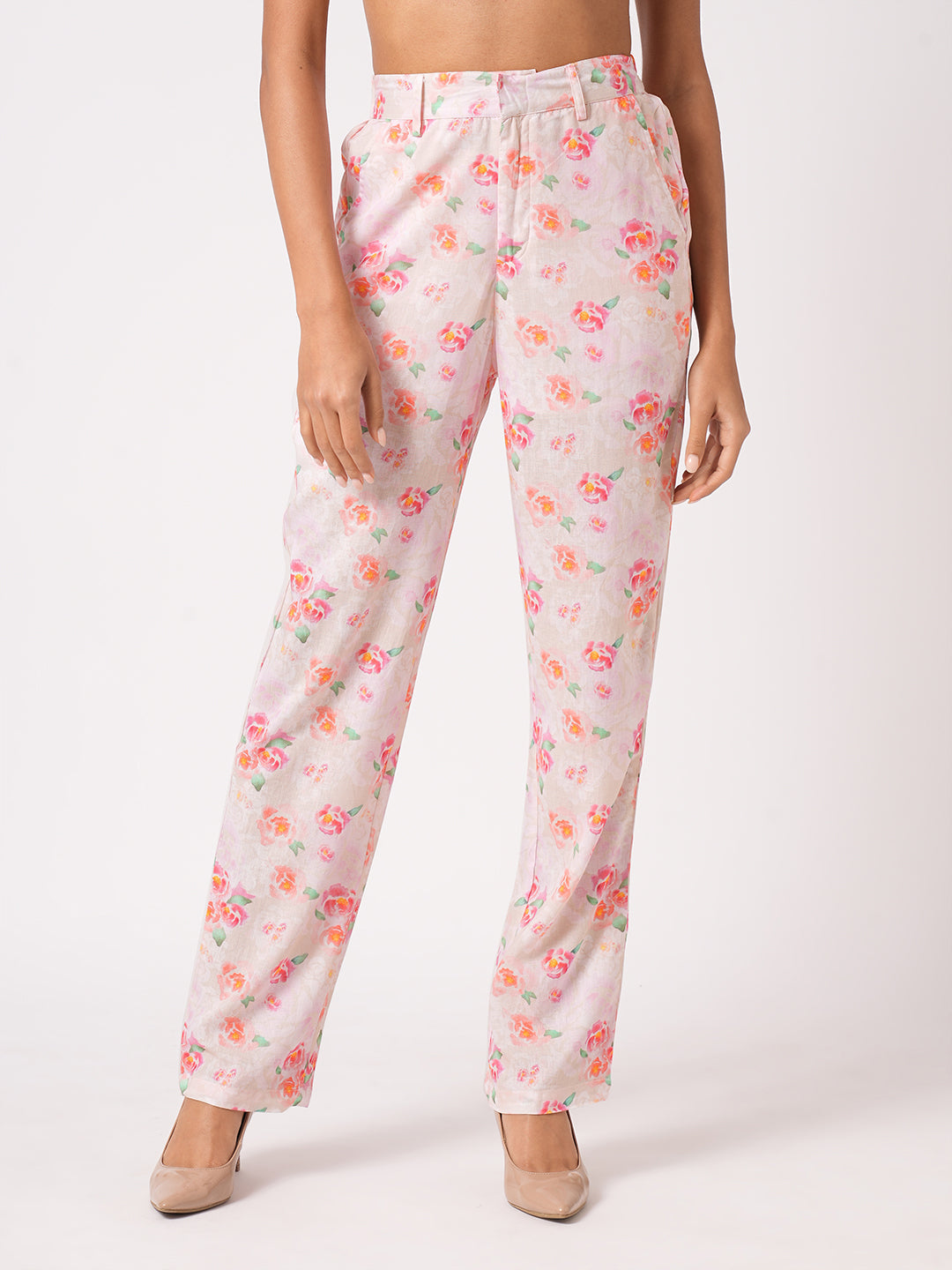 Women Soft Pink High-Rise Relaxed Straight Fit Pants