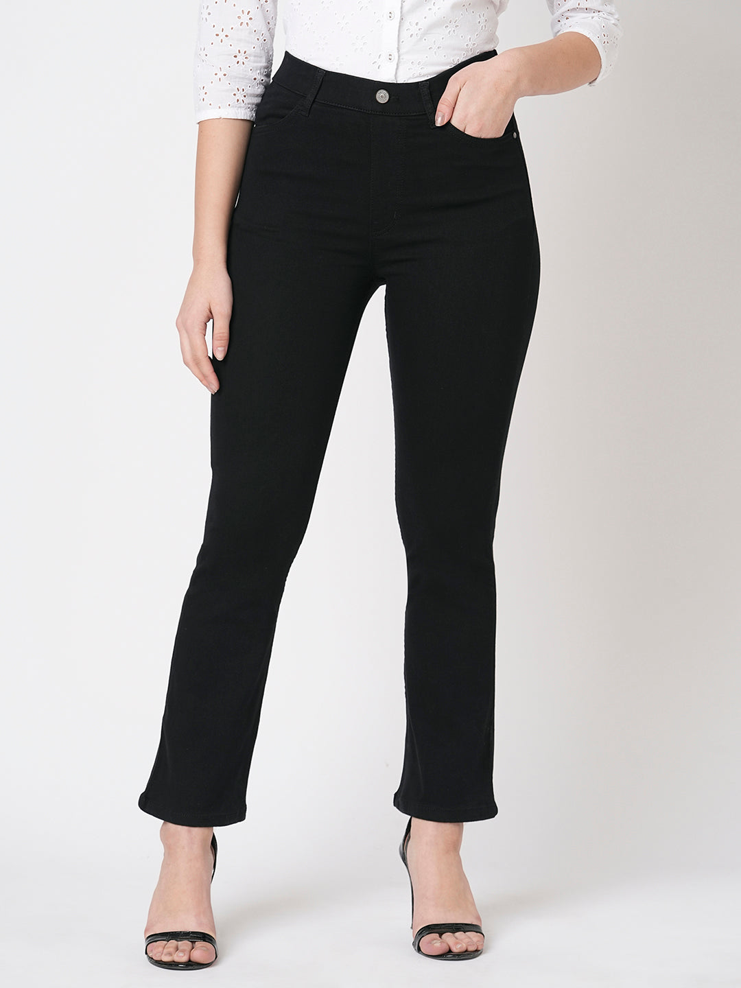 Women Black High-Rise Mini Flare Jeggings