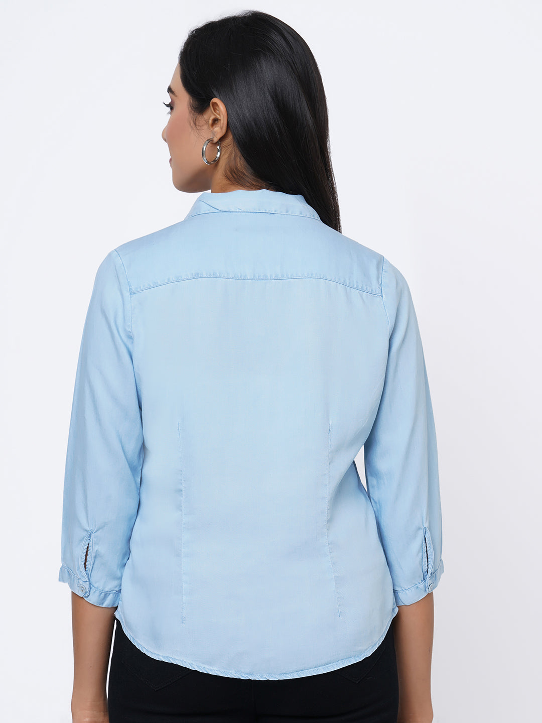 Women Blue Solid Denim Shirt