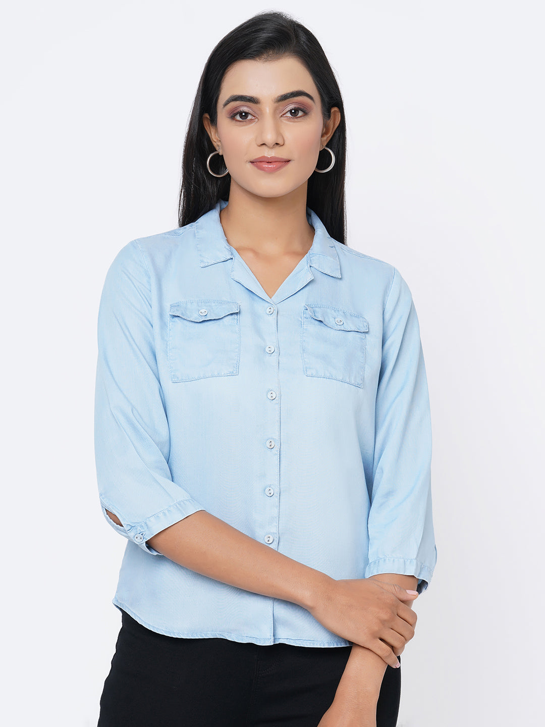 Women Blue Solid Denim Shirt