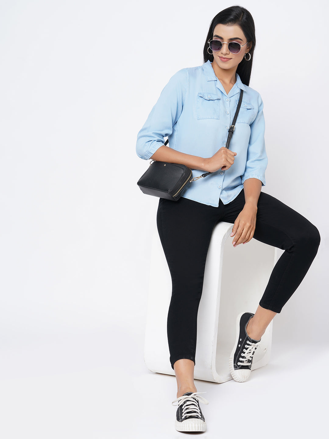 Women Blue Solid Denim Shirt