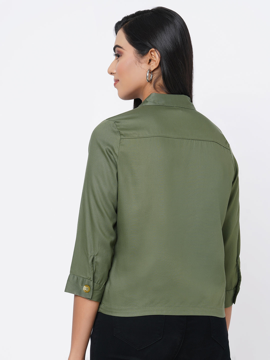 Women Olive Slim Crop Shirt