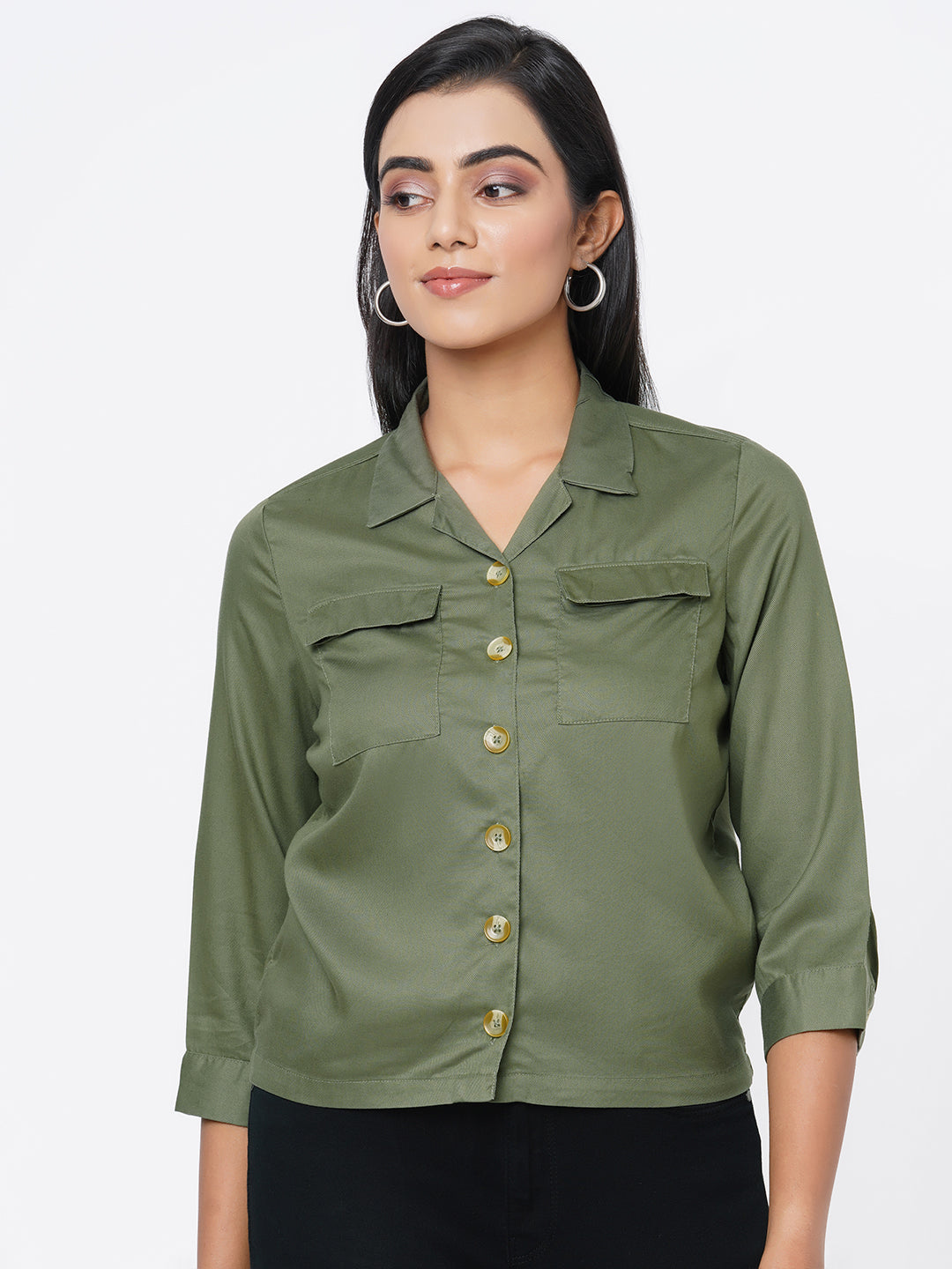 Women Olive Slim Crop Shirt