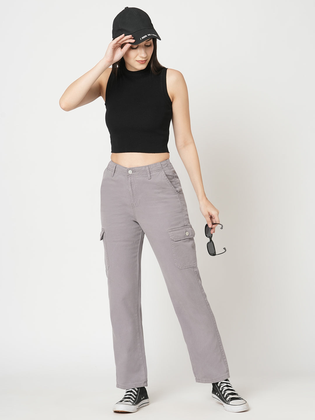 Women Oyster Grey High-Rise Cargo