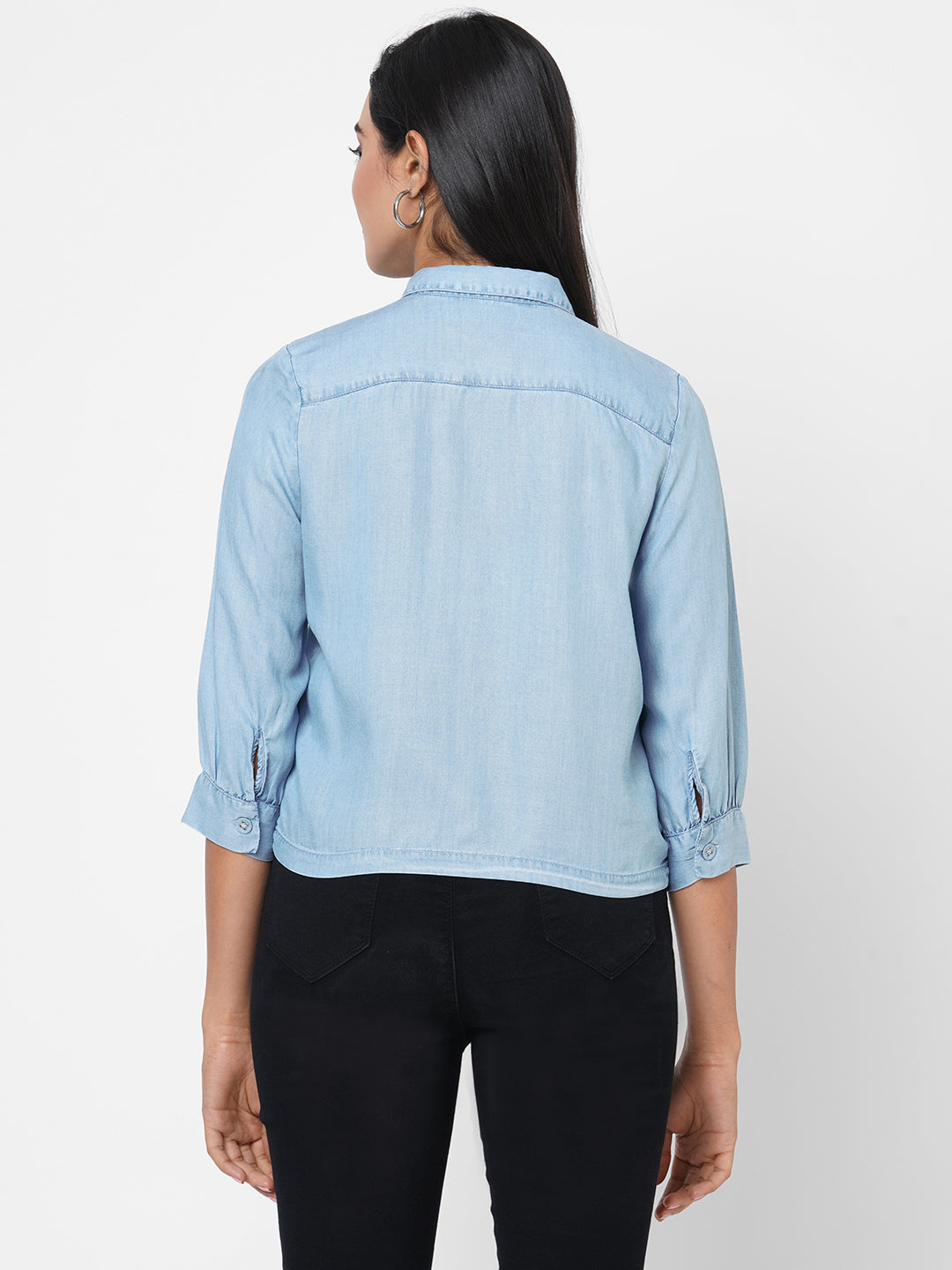 Women Blue Solid Crop Denim Shirt