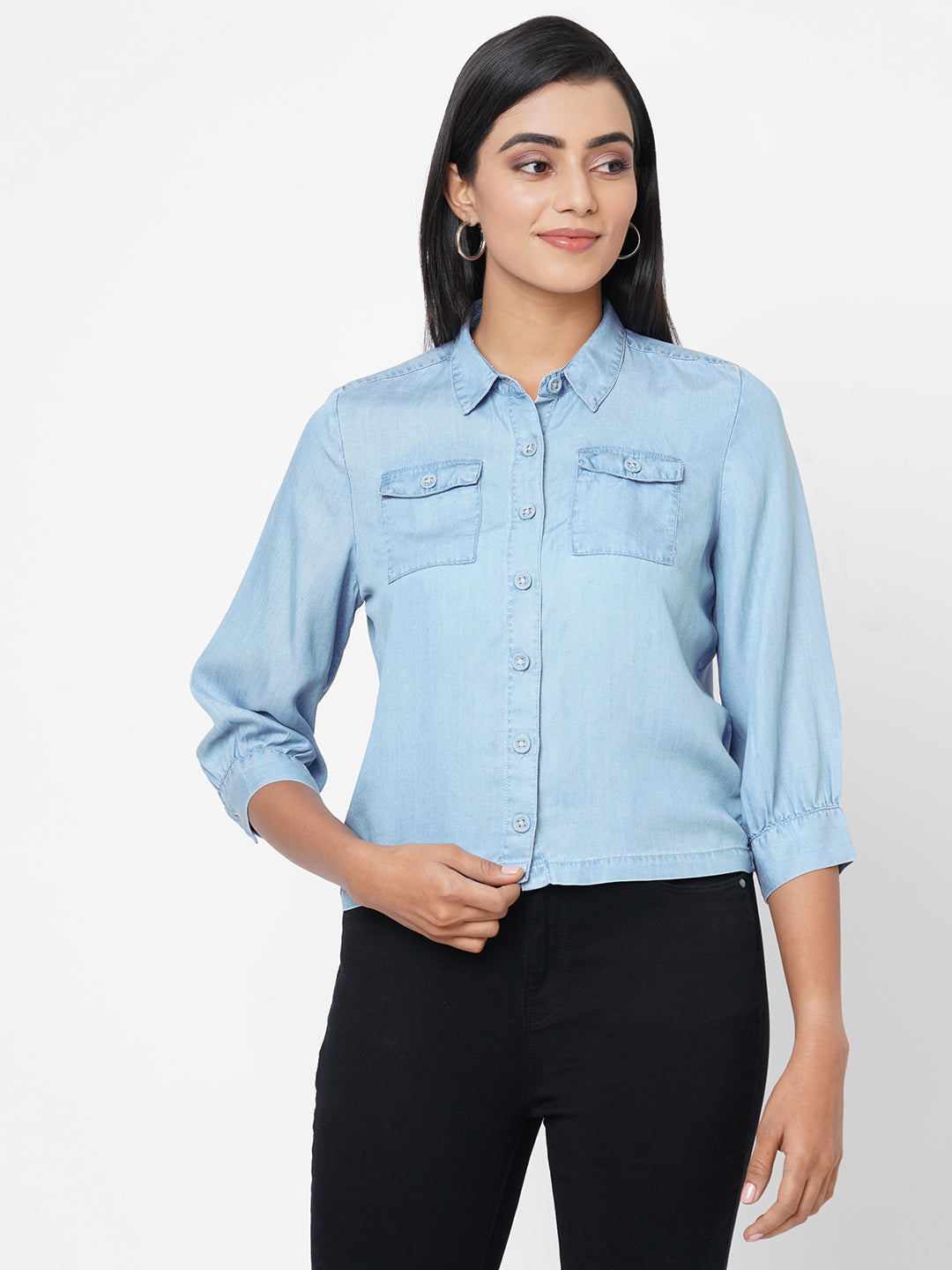 Women Blue Solid Crop Denim Shirt
