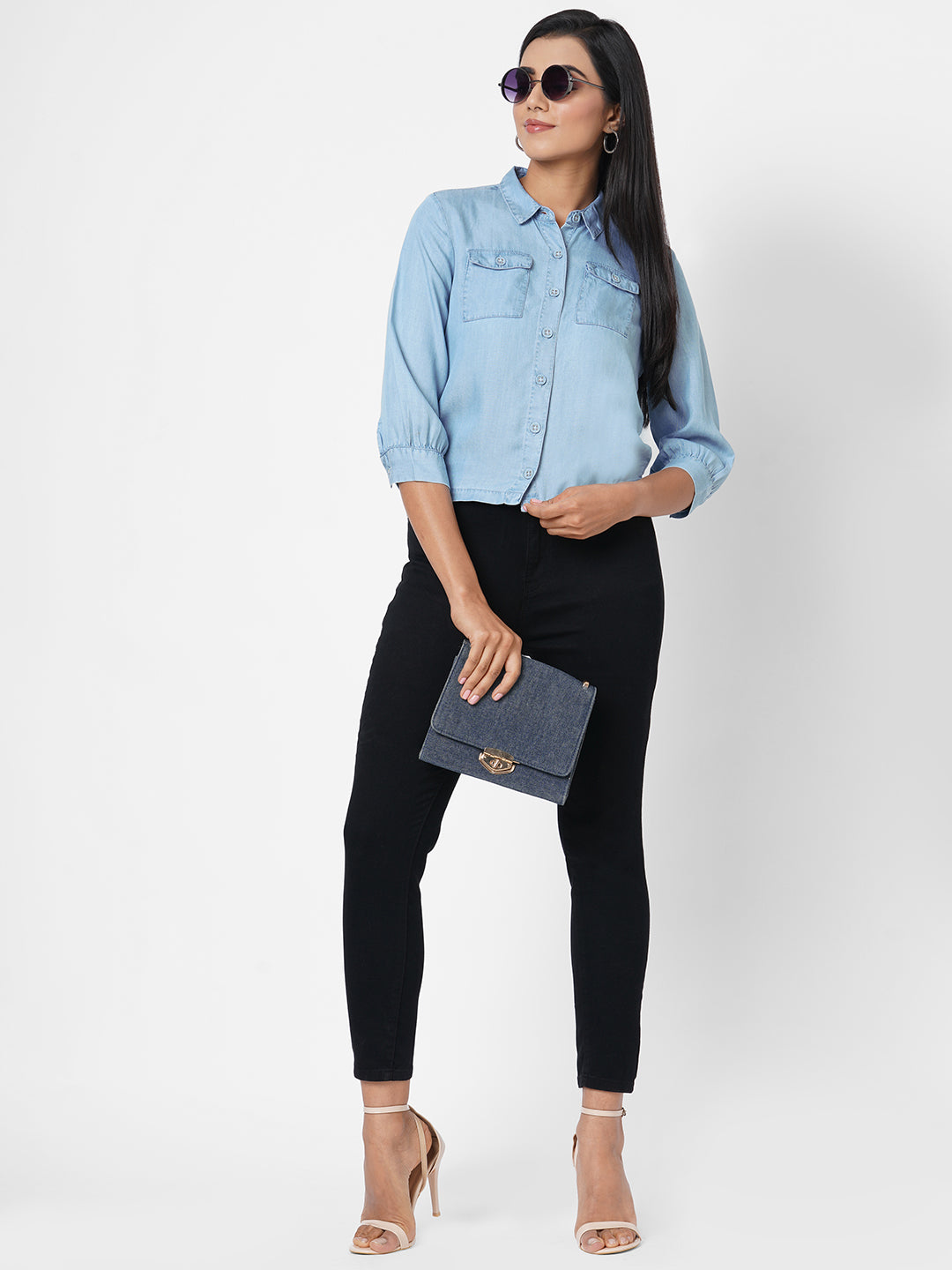 Women Blue Solid Crop Denim Shirt