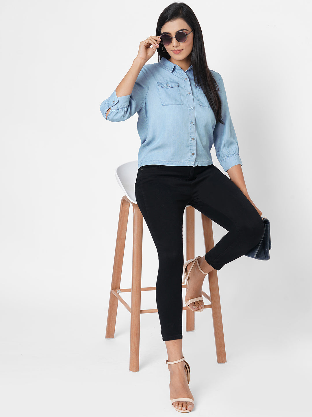 Women Blue Solid Crop Denim Shirt
