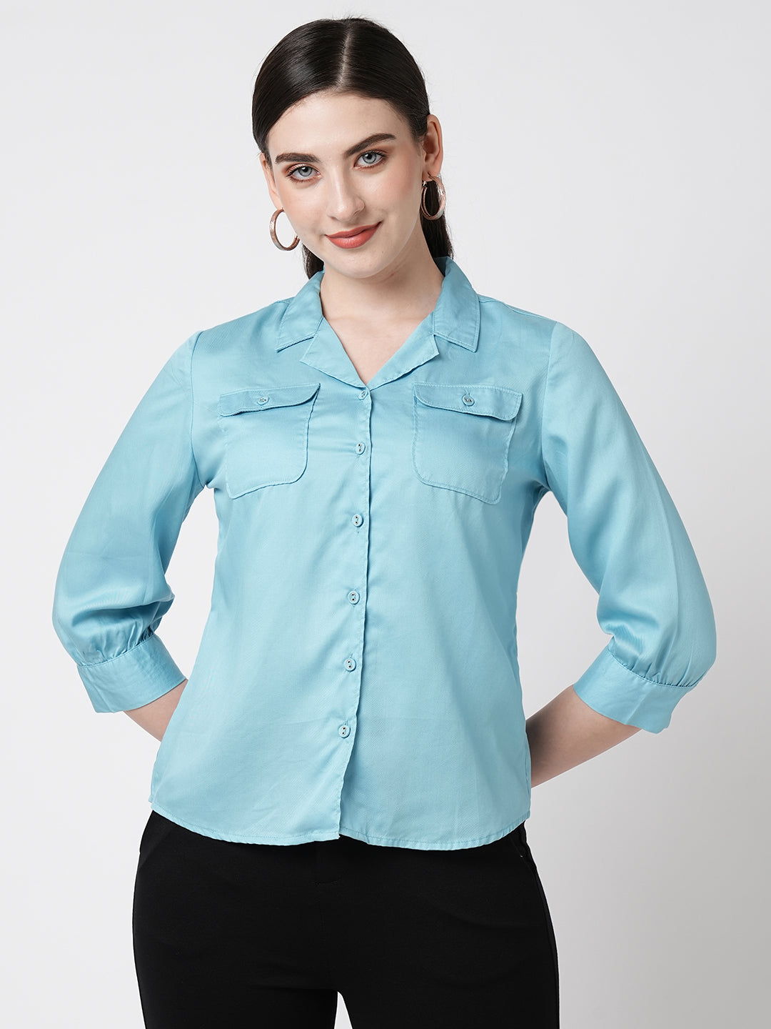 Women Turquoise Solid Three-Quarter Sleeves Shirt