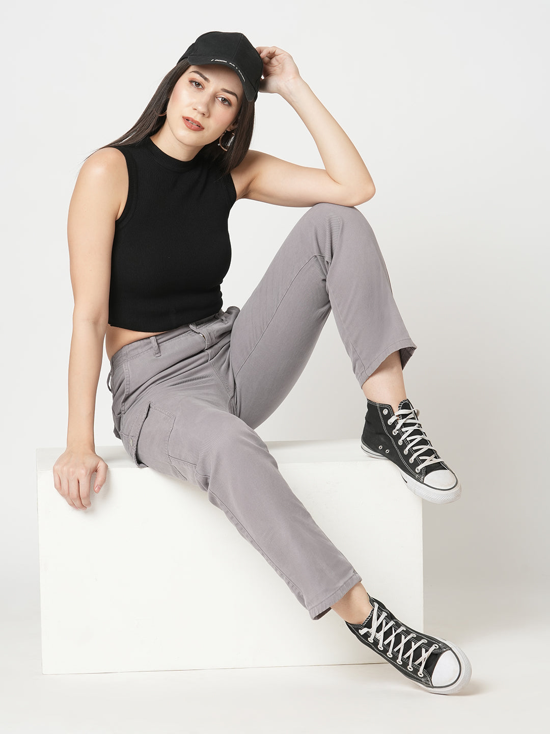 Women Oyster Grey High-Rise Cargo