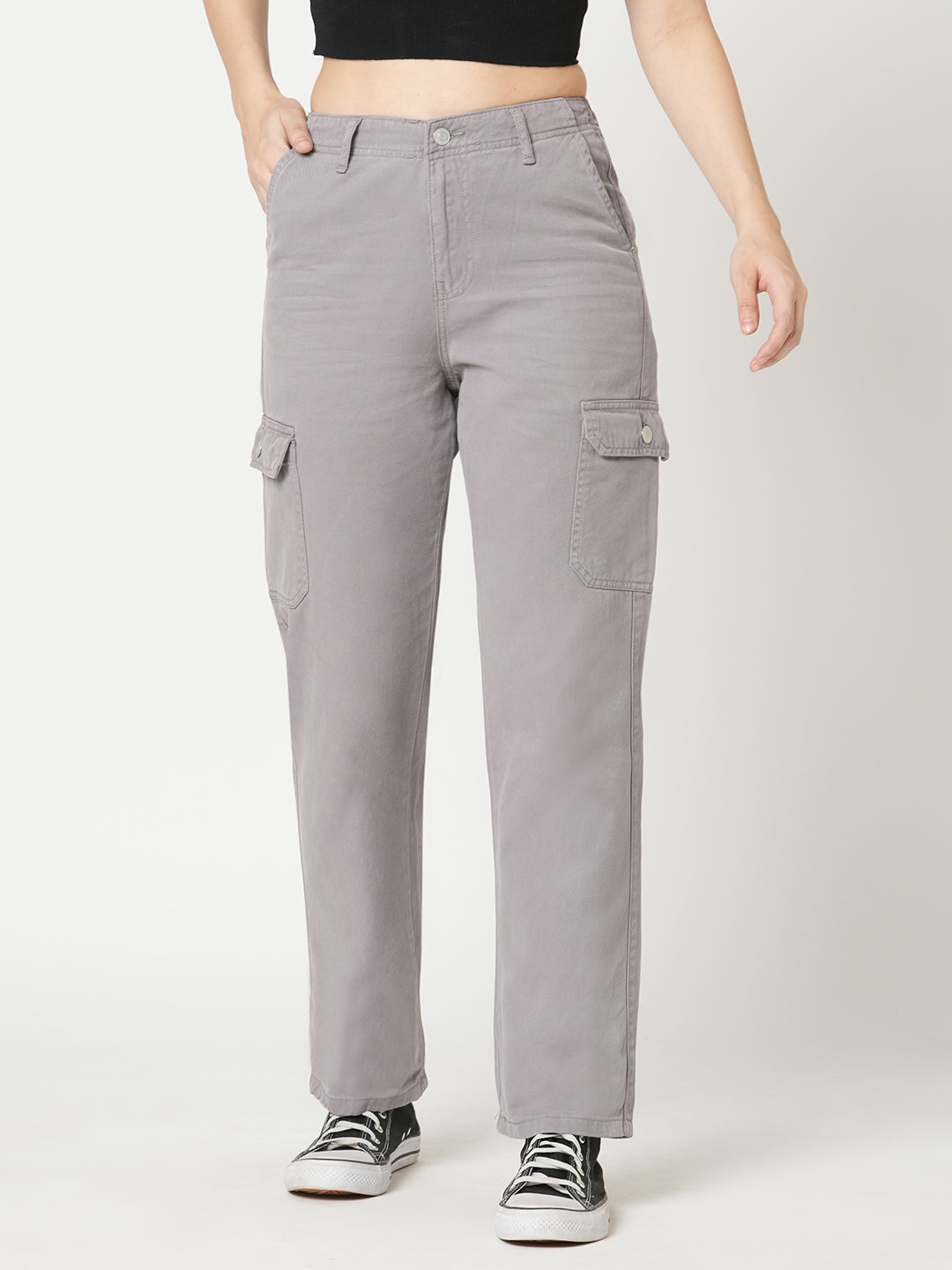 Women Oyster Grey High-Rise Cargo