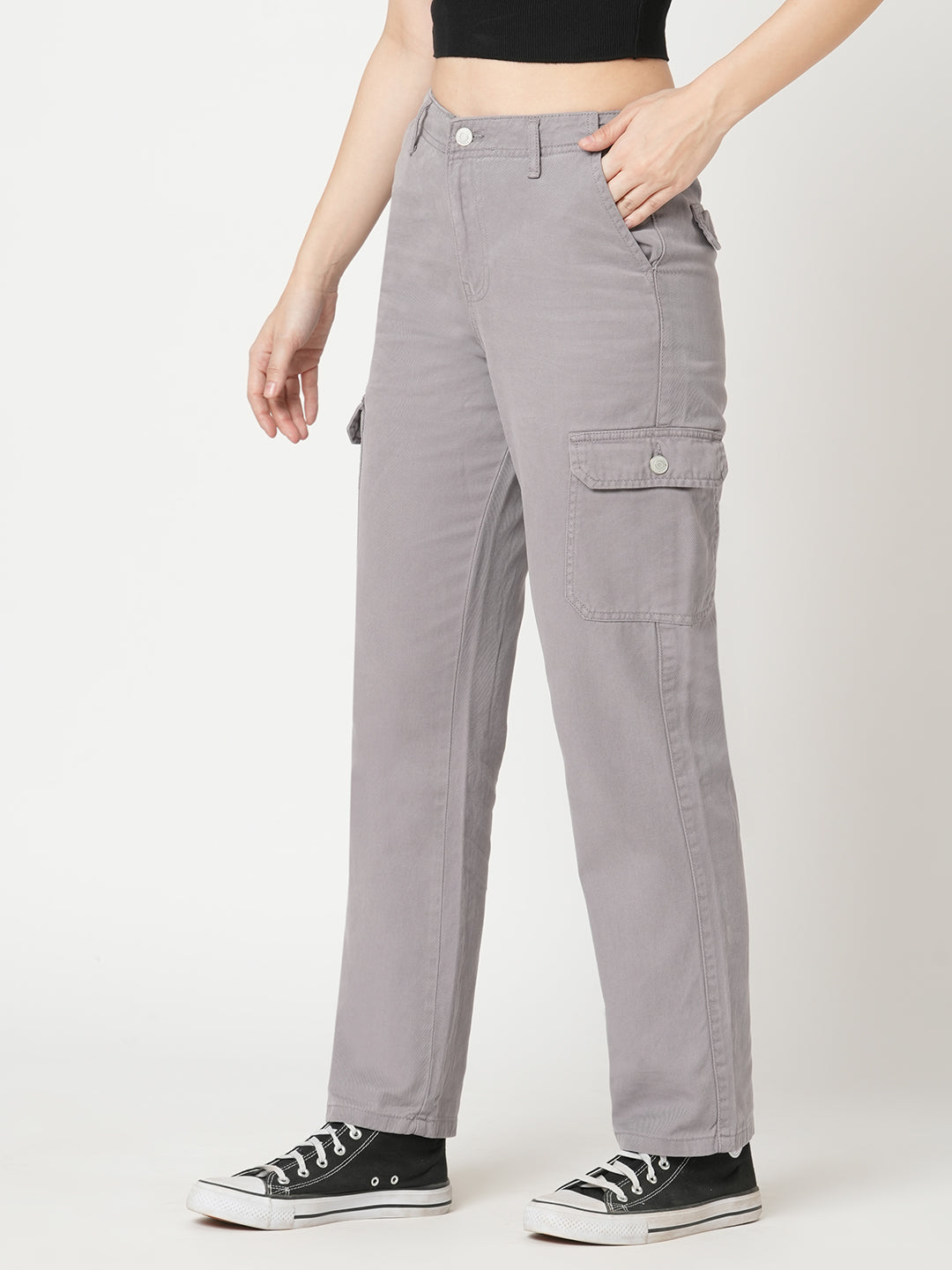 Women Oyster Grey High-Rise Cargo