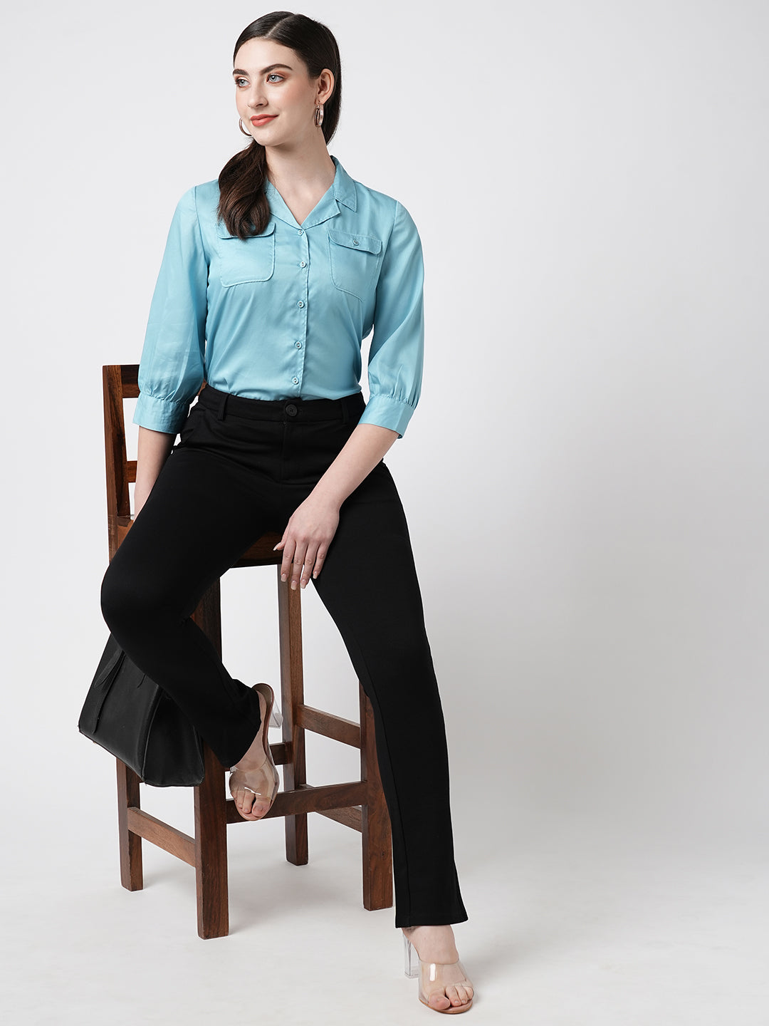 Women Turquoise Solid Three-Quarter Sleeves Shirt