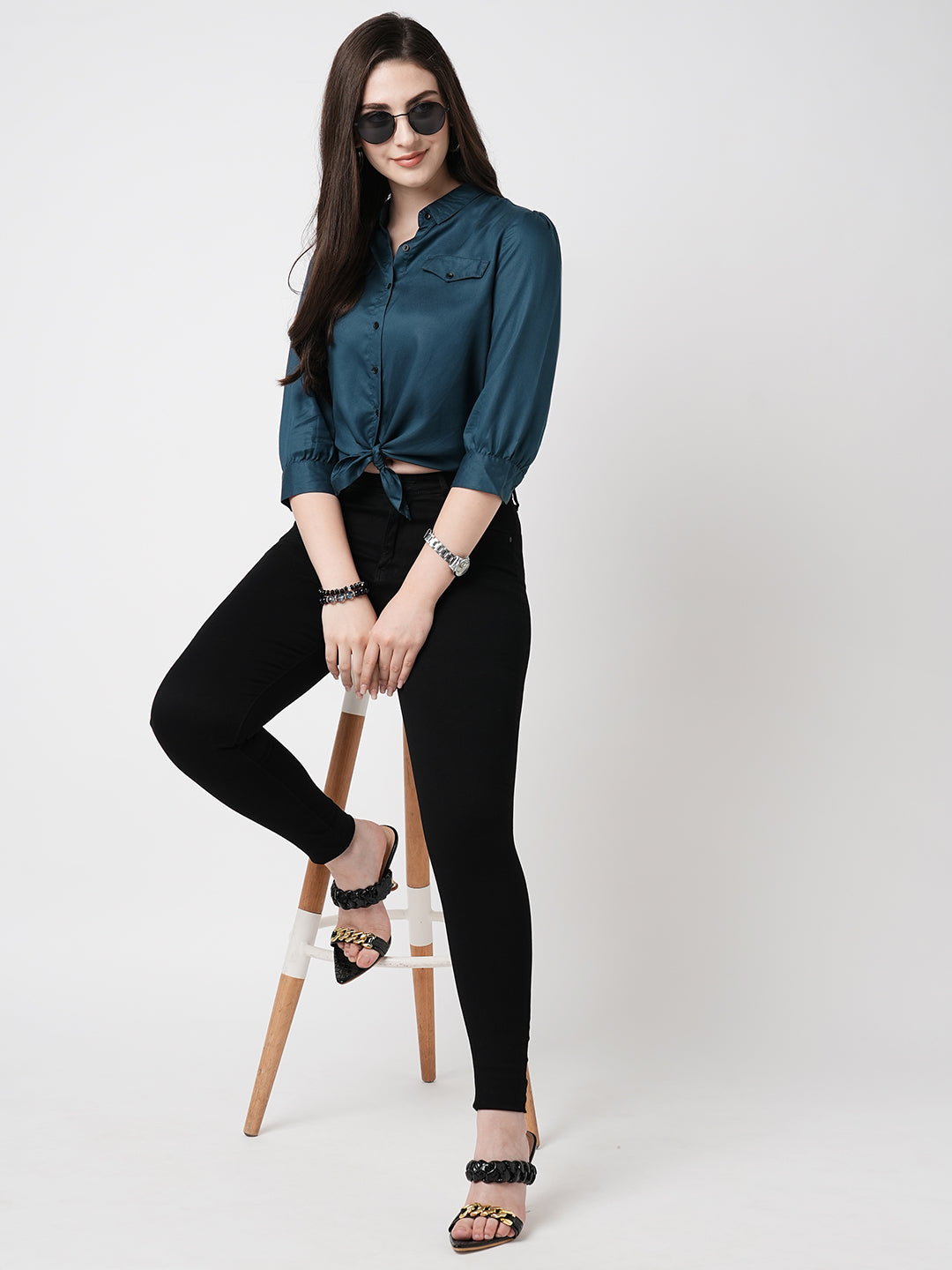 Women Teal Crop Shirt