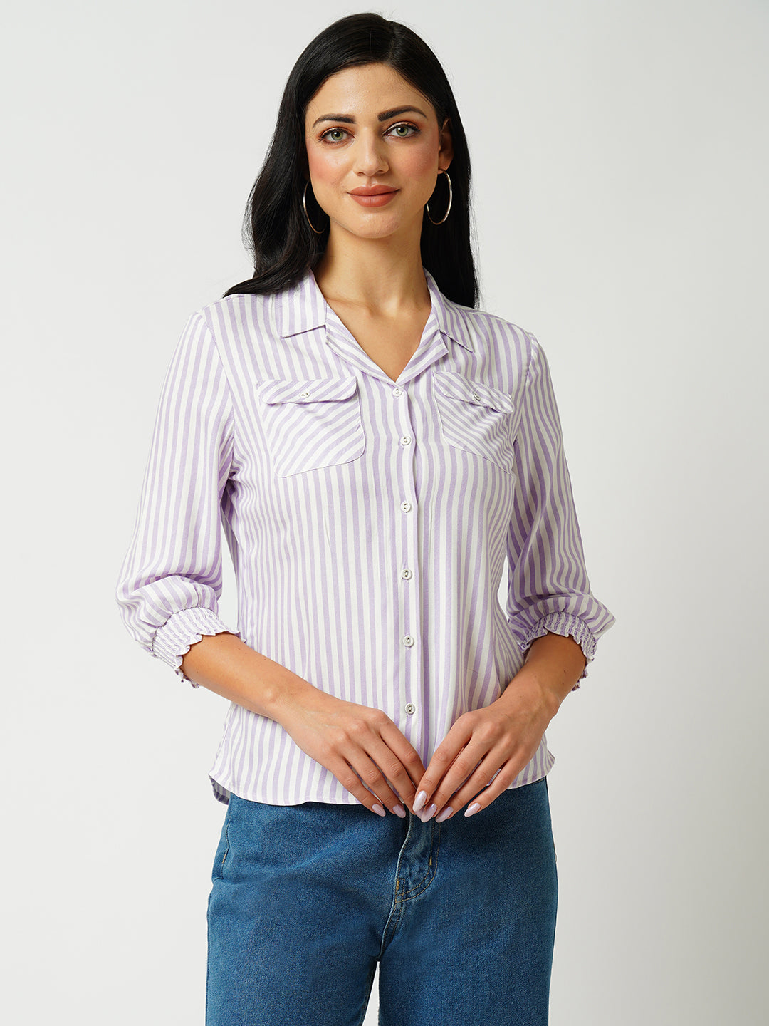 Women Lilac & White Striped Slim Shirt