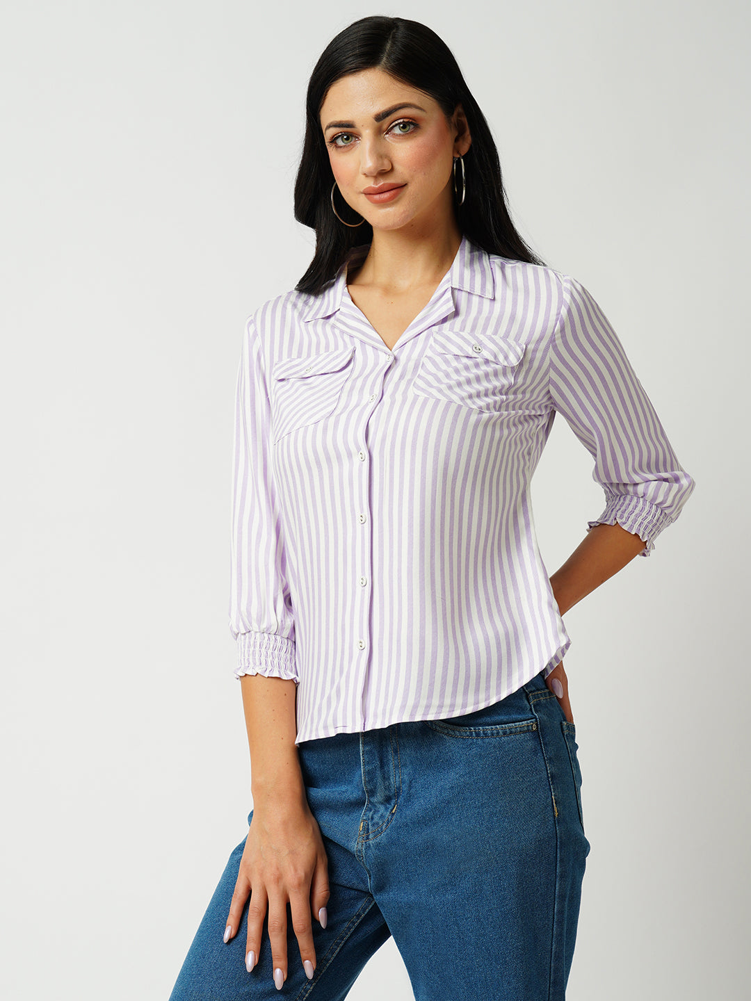 Women Lilac & White Striped Slim Shirt