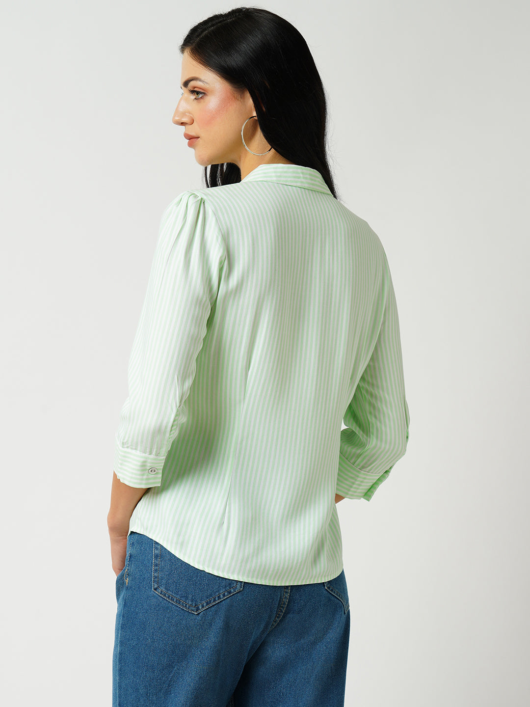 Women Mint Green Striped Slim Shirt