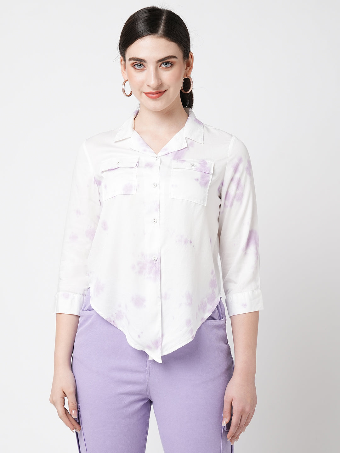 Women Lilac Tie & Dye Three-Quarter Sleeves Shirt