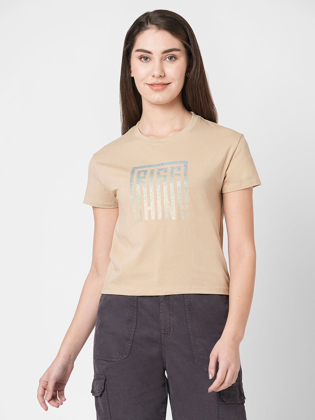 Women Typography Chest Print Slim Fit Crop T-Shirt