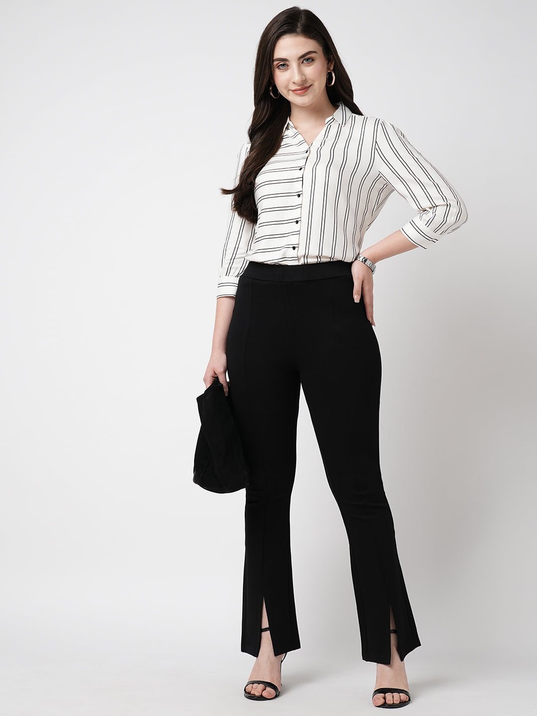 Women Black Mid-Rise Flare Treggings