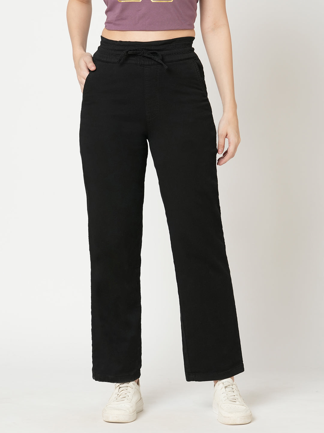 Women Black High-Rise Denim Joggers